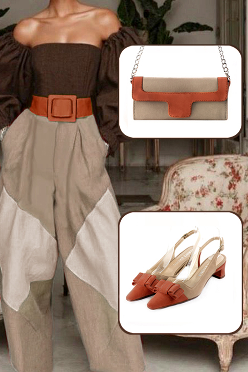 Women's terracotta orange and tan beige elegant slingback heels, with a bow on the front. Tapered toe. Low kitten heels - Worn view